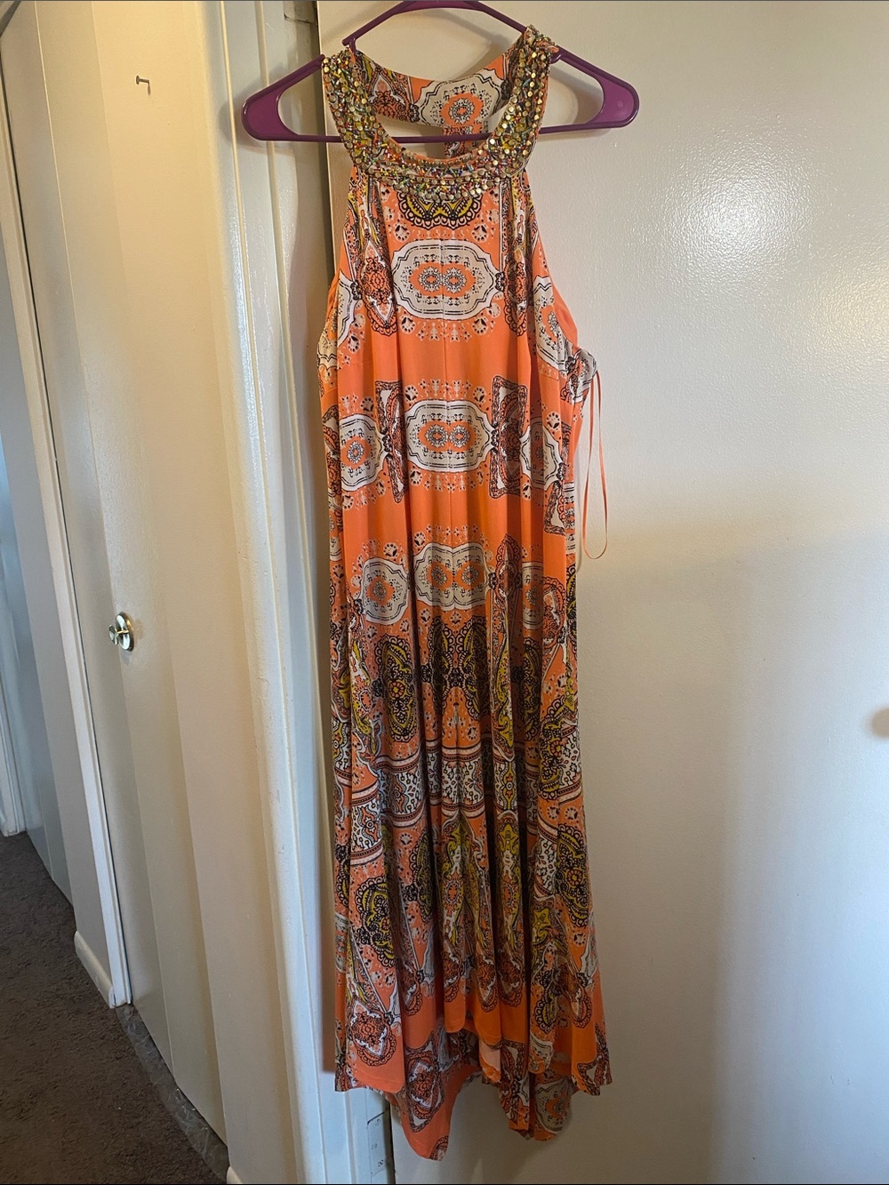 INC International Concepts Orange Beaded Halter Racer Back Maxi Dress